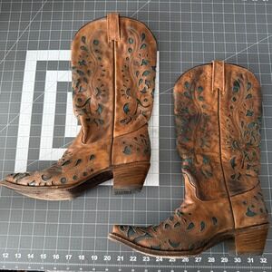 Corral Womens Brown Laser Cut Cowboy Boots Rodeo Western Boho Festival Snip Toe